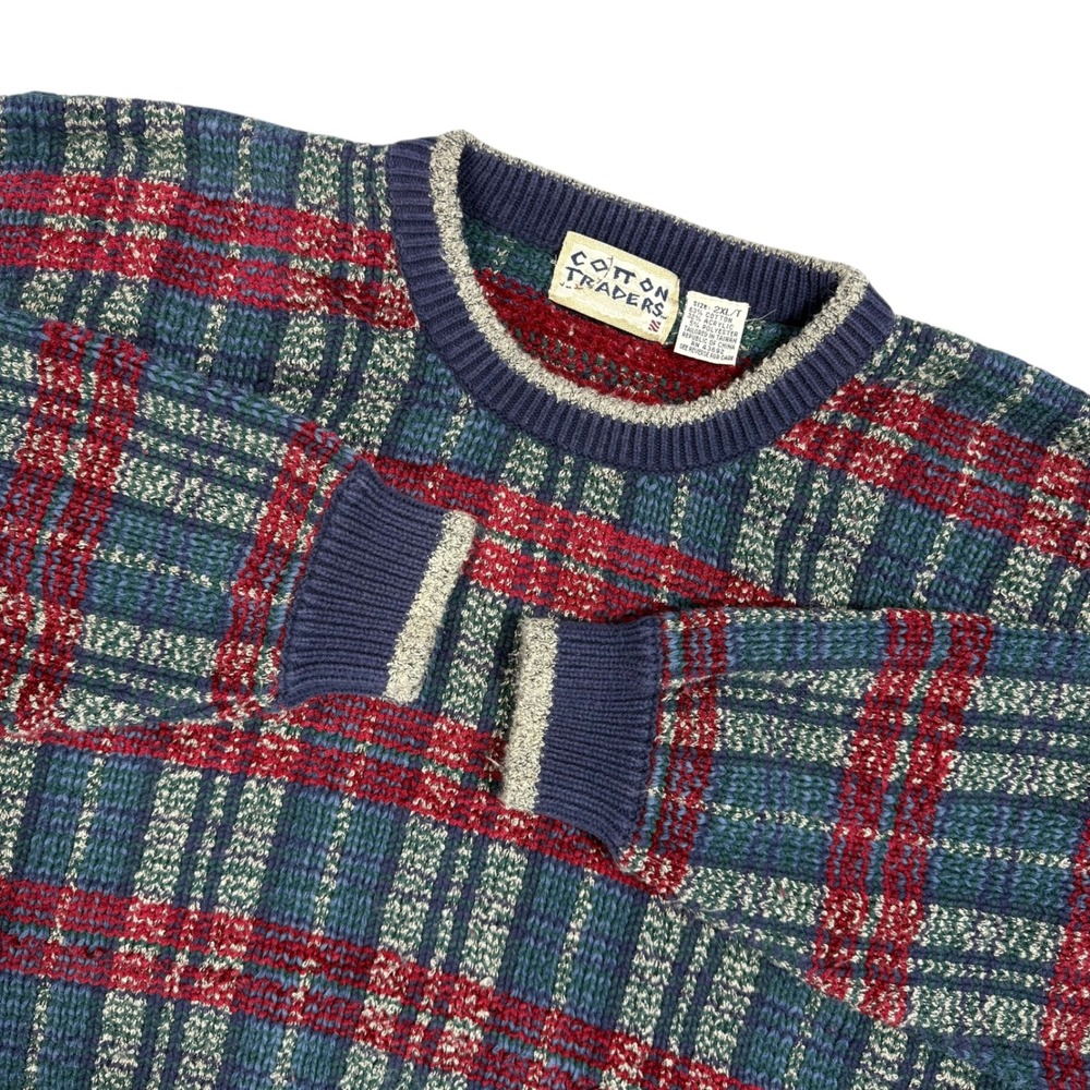 Vintage‎ Cotton Traders Mens Sweater Plaid Crew Neck Sweater Blue Red Size 2XLT